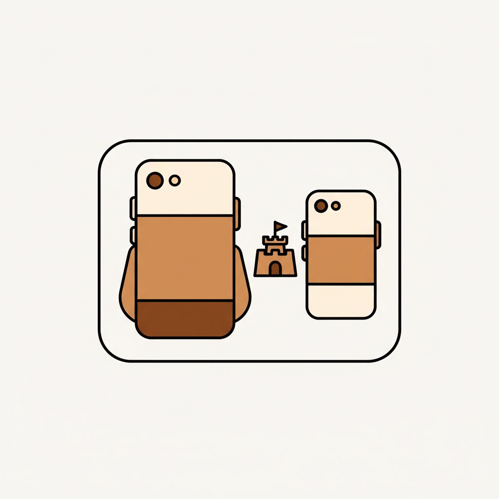 Parent juggling snacks, phone and child learning to ride bike