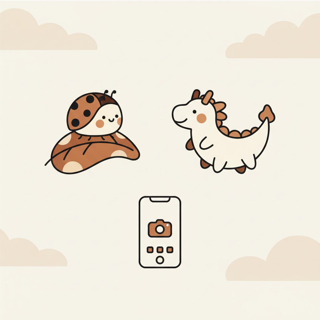 Parent's hand holding smartphone while child reaches toward a ladybug on leaf