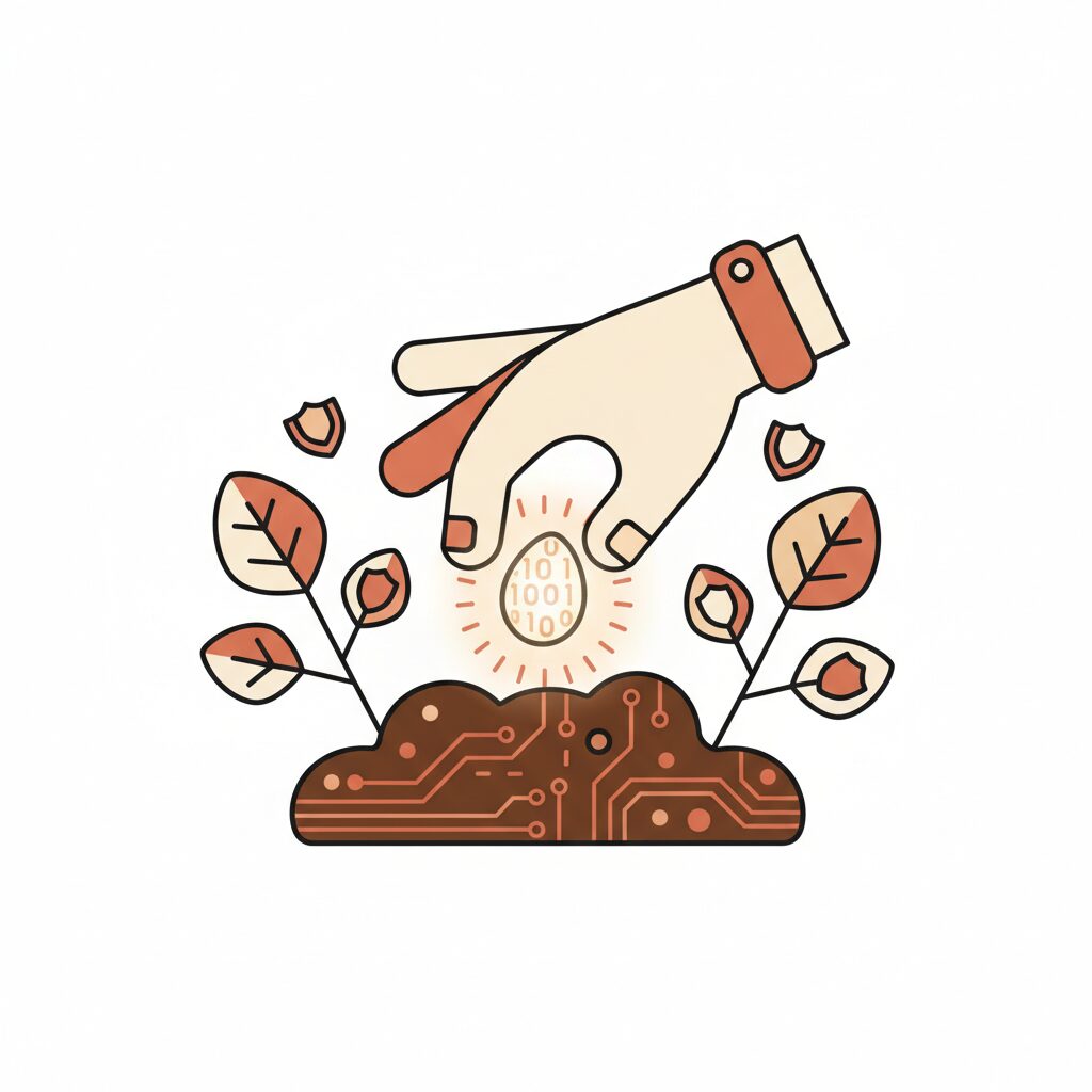 Hands planting a seedling with glowing digital roots symbolizing blockchain