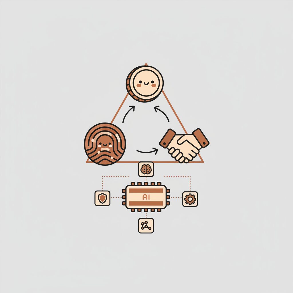 ブロックチェーンの3つの重要な要素を説明する図解