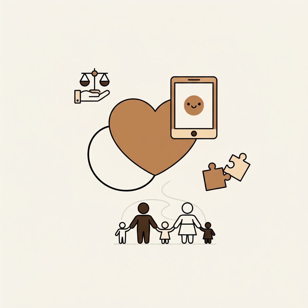 Parents et enfants discutant autour d'une tablette