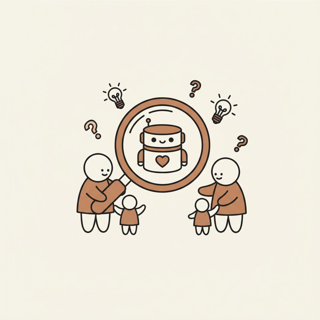 Main adulte guidant la petite main d'un enfant vers un écran numérique