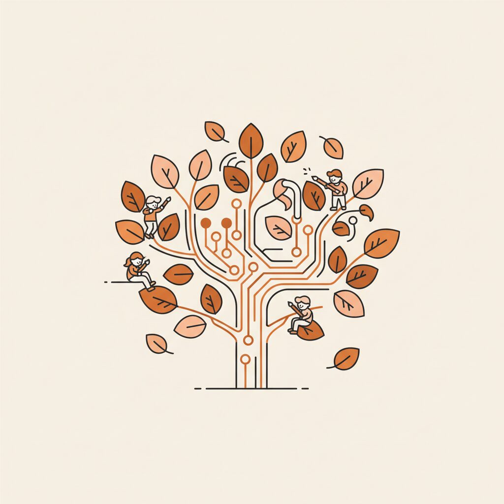 親子で夕日を眺めながら、AI時代の未来について話す温かな時間