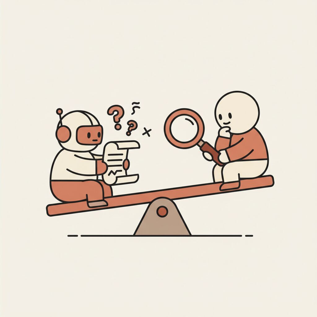 돋보기로 컴퓨터 코드를 살펴보는 모습, AI의 실수를 상징