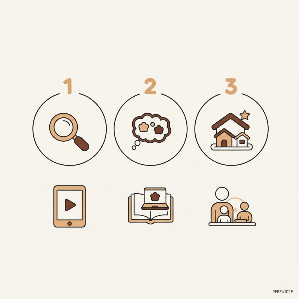 가족이 함께 태블릿으로 AI 생성 콘텐츠 라벨 찾기 게임을 하는 모습