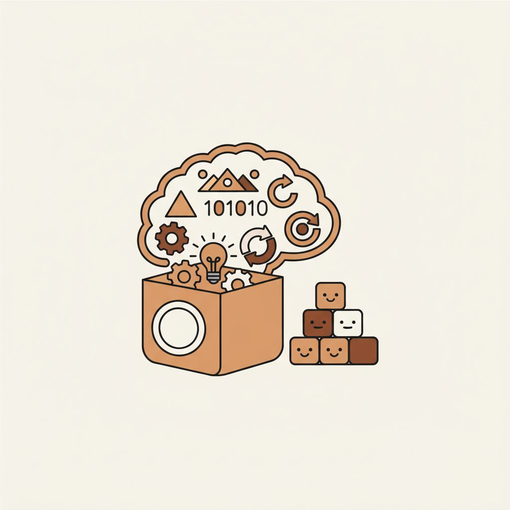 整理されたおもちゃ箱とAIデータセンターの比較図