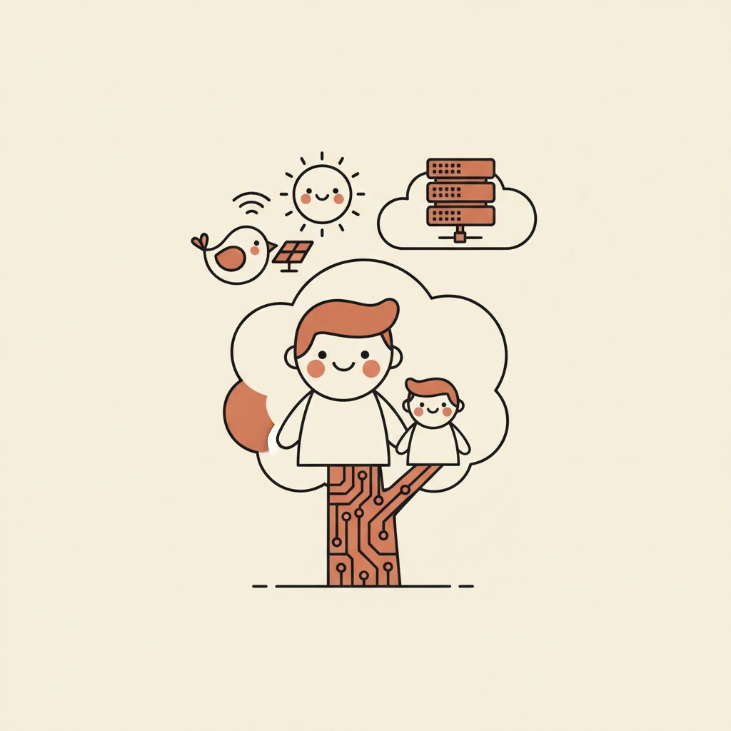 푸른 하늘을 배경으로 아빠와 딸이 손을 잡고 걷는 모습