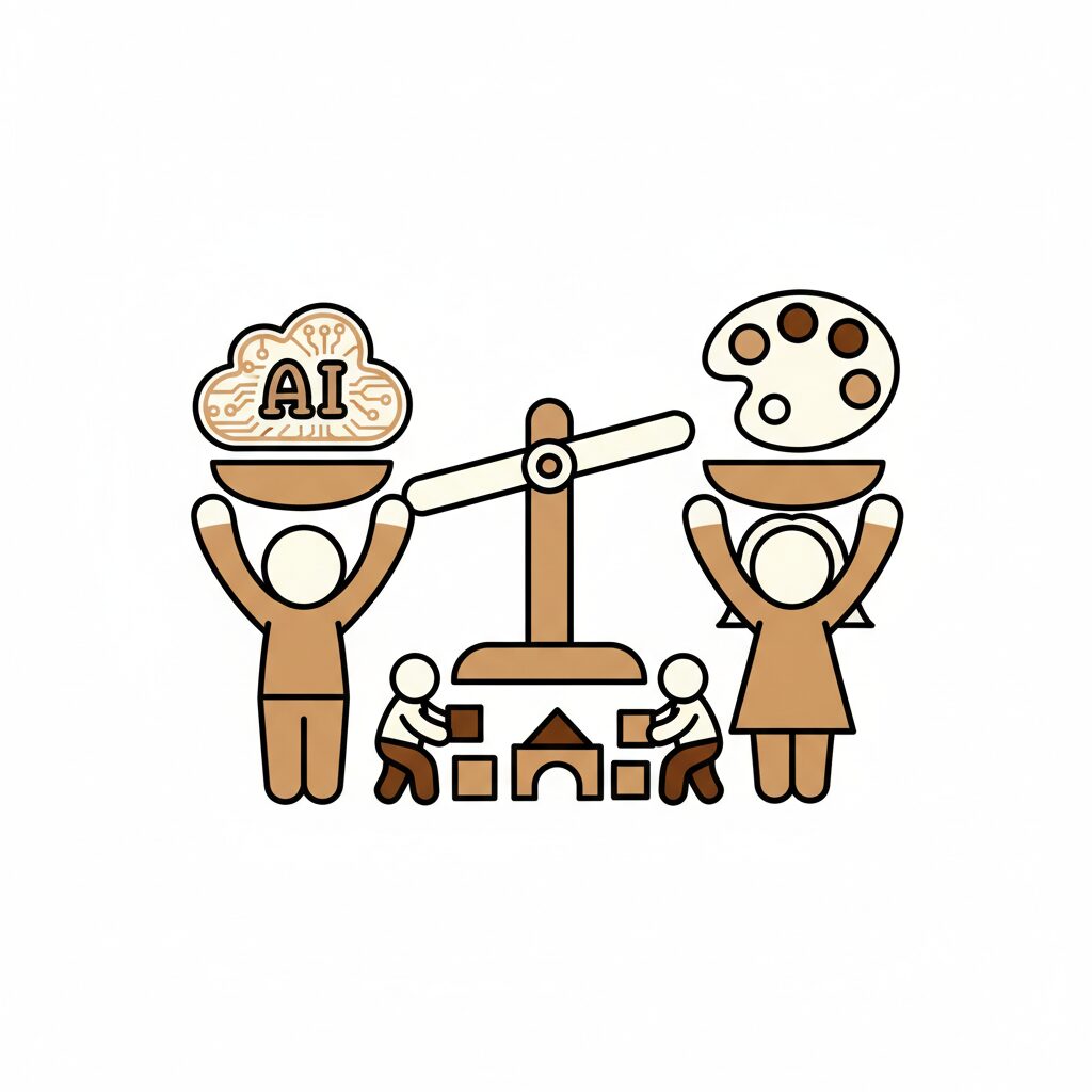 부모와 아이가 함께 태블릿을 보며 대화하는 모습