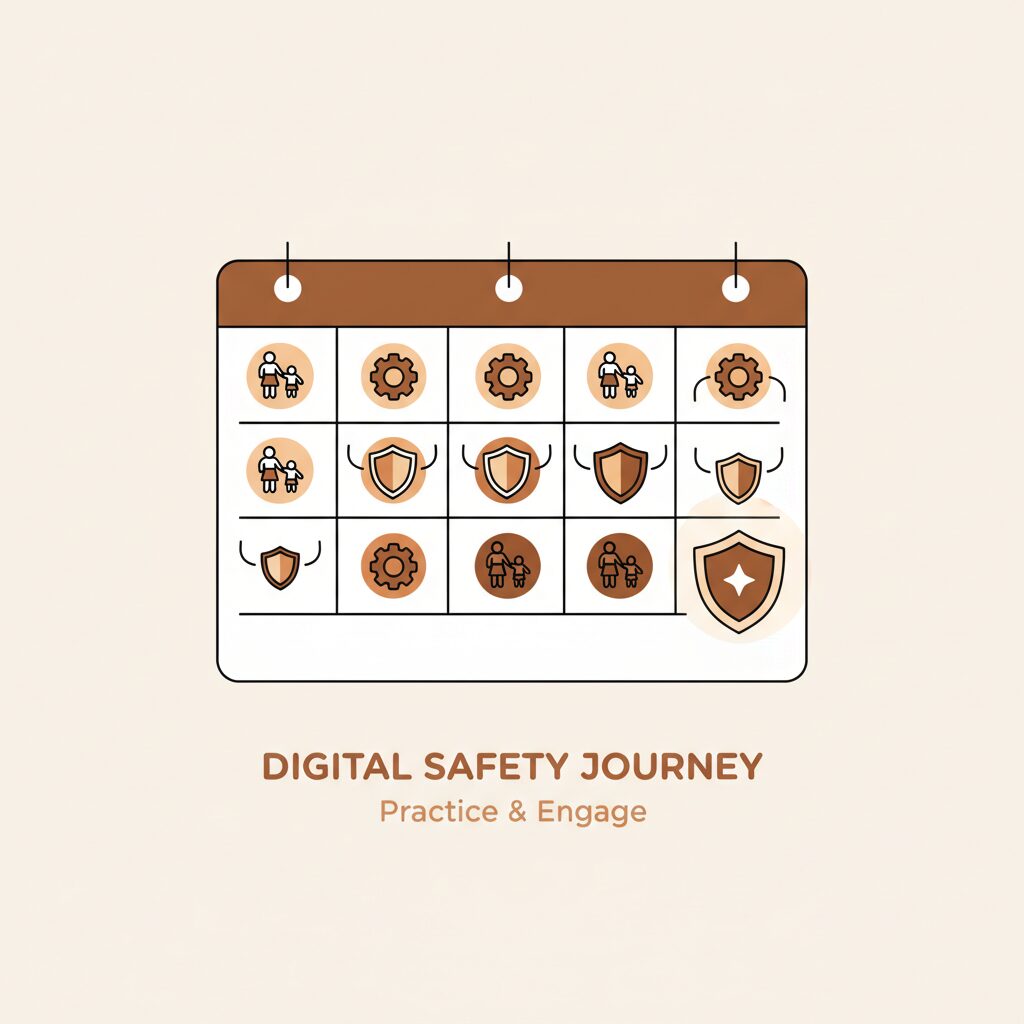 공원에서 가족이 스마트폰 보며 대화하는 모습