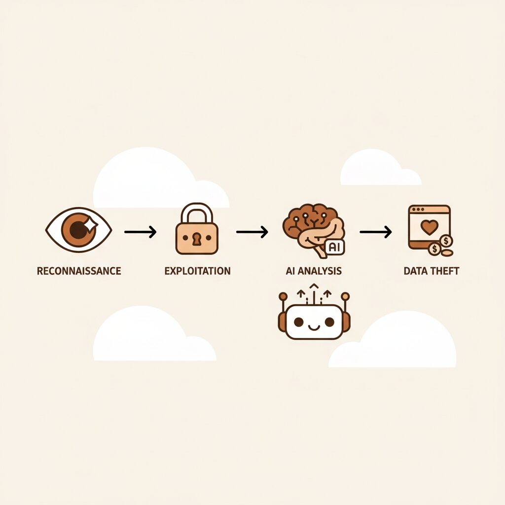 AIがサイバー攻撃の道筋を予測する概念図 青い光のネットワーク