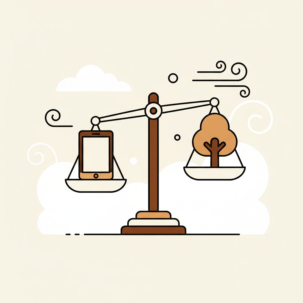 公園でデジタルデバイスと現実の遊びをバランス良く楽しむ家族