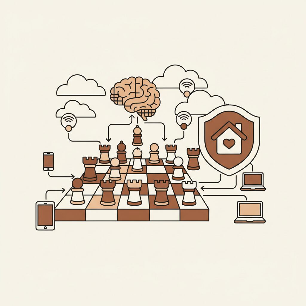 曇り空の下で家族がタブレットを使いながら笑顔で会話する様子