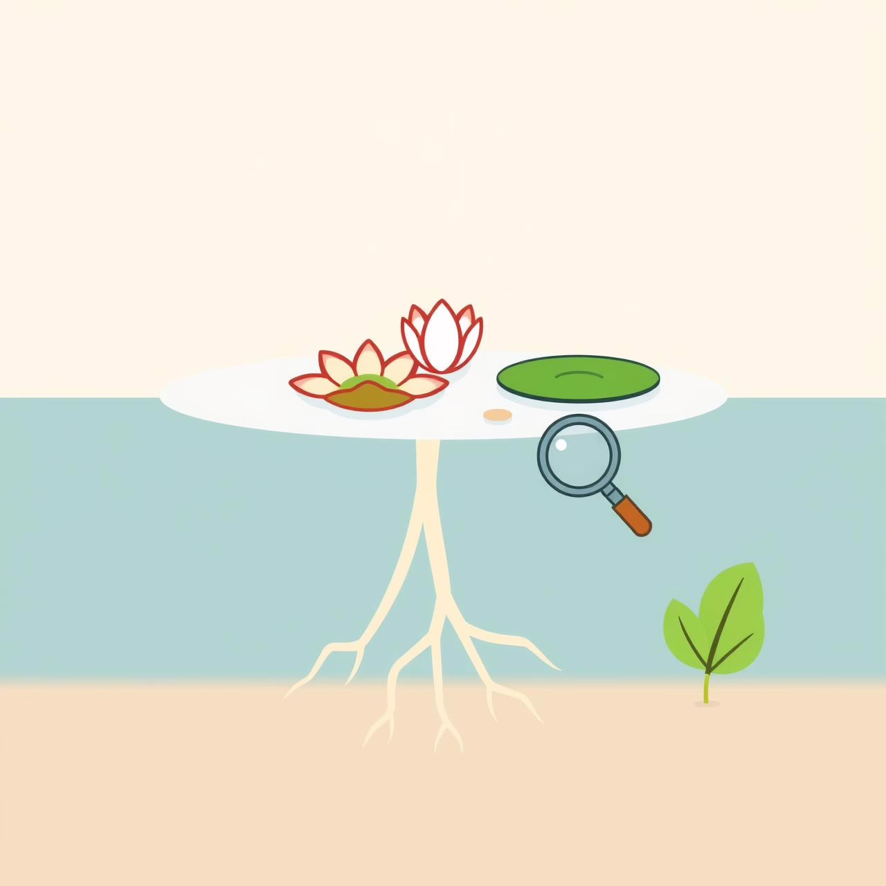 Child looking thoughtfully at a pond with lily pads, symbolizing surface vs depth