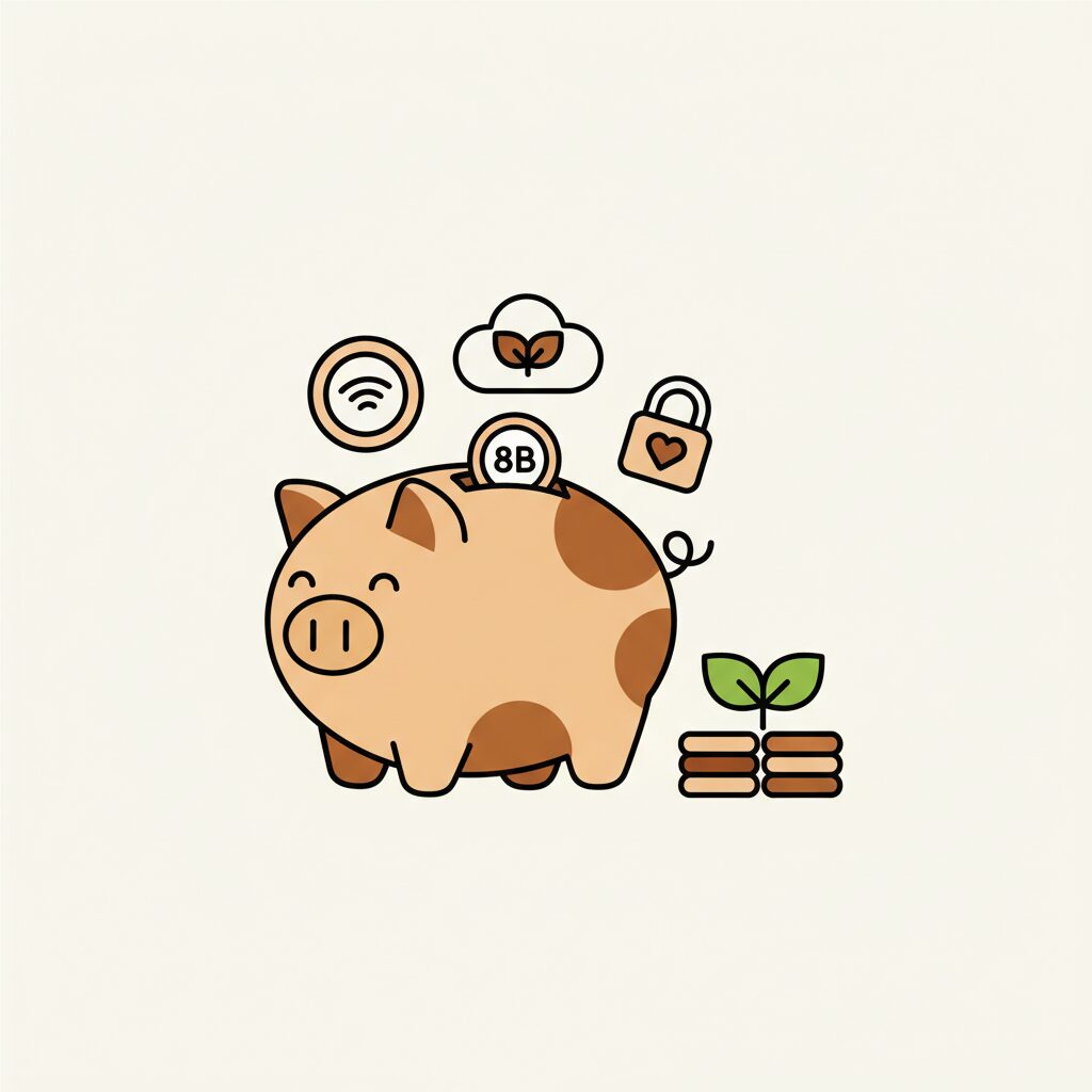 Child's backpack with digital tokens representing sustainability