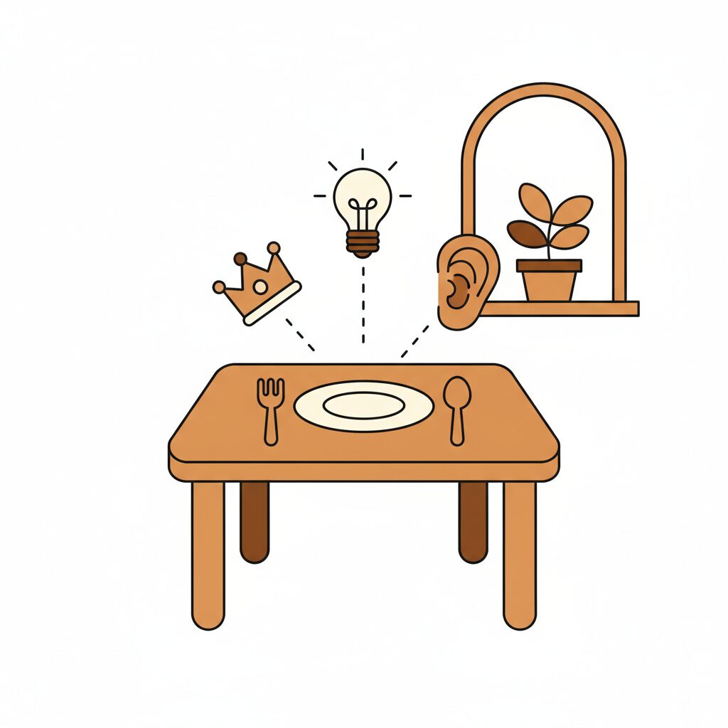 가족이 식탁에서 대화하며 웃고 있는 모습