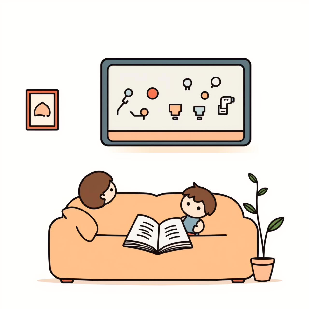 Family gathered around TV with AI interface displaying colorful graphics