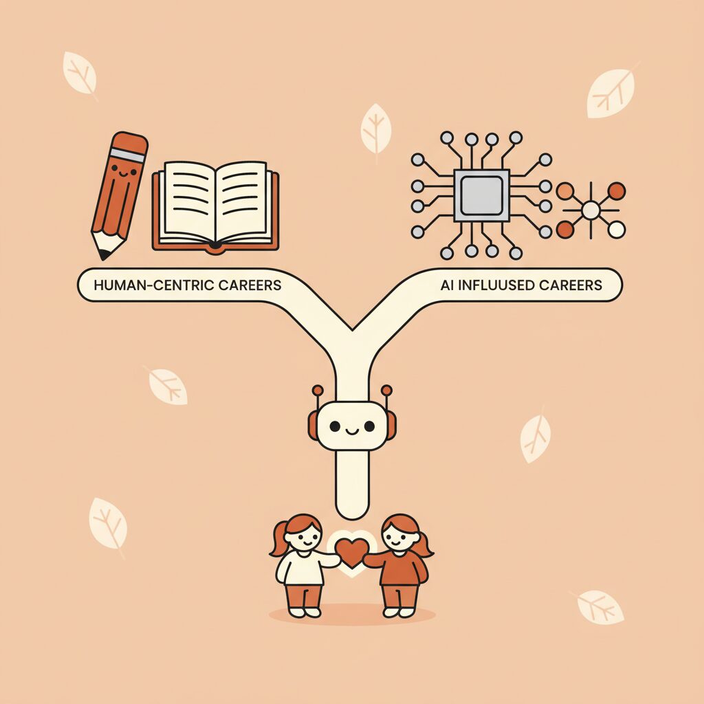 子供がAIロボットと遊ぶ公園の風景 未来の遊び方