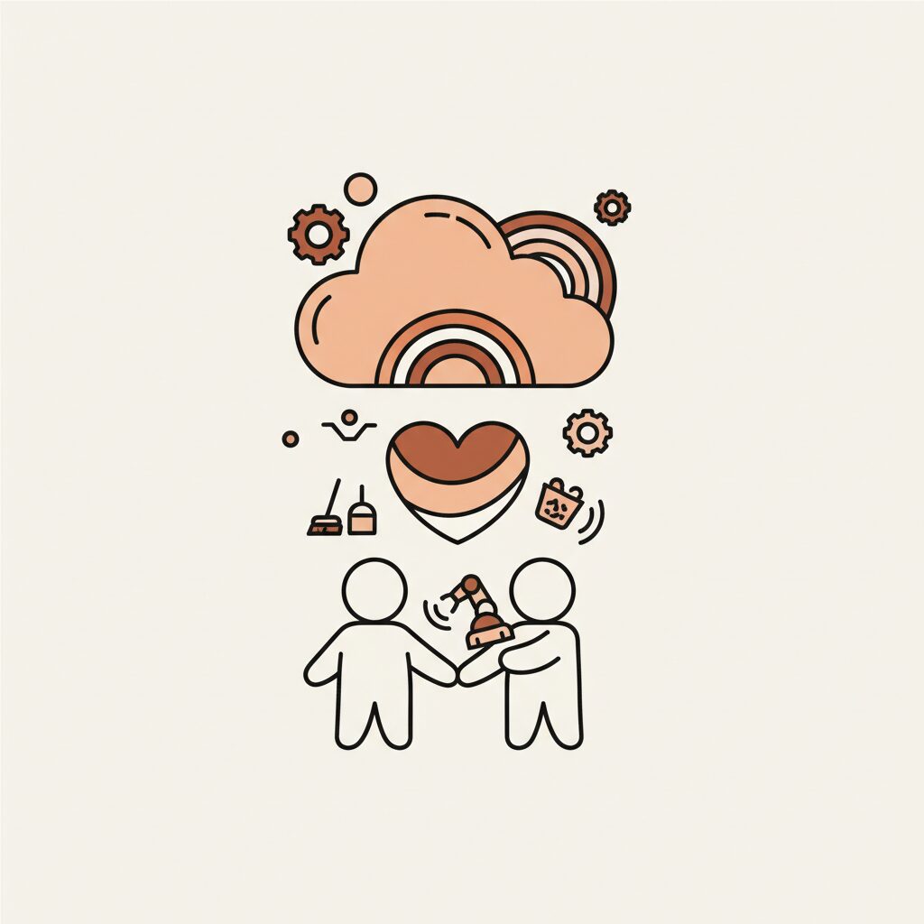 Parent and child walking hand-in-hand under an umbrella during light rain