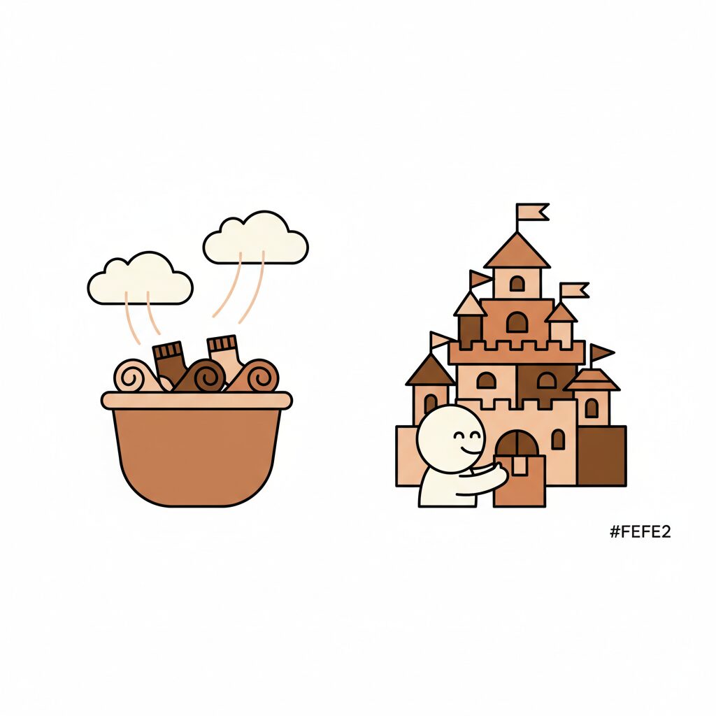 Father and daughter laughing while building a cardboard castle together