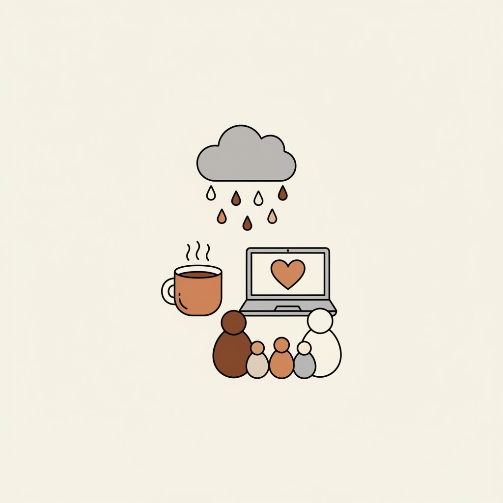 가을 하늘과 커피잔을 들고 신문을 읽는 가족