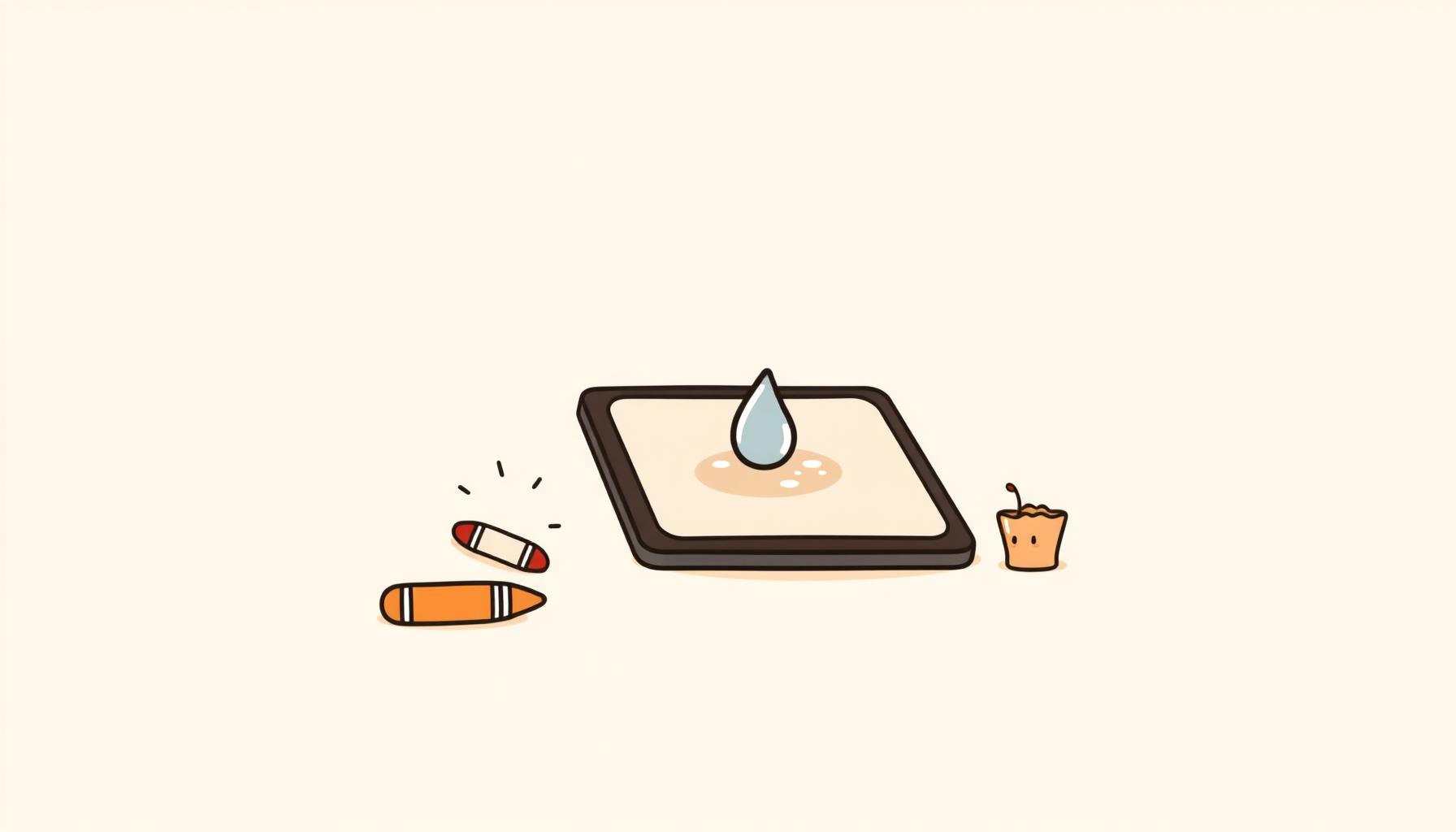 Child drawing on tablet with colorful crayons scattered nearby