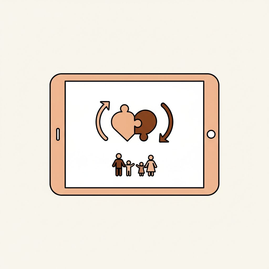 Family gathered around large tablet screen collaborating on a drawing